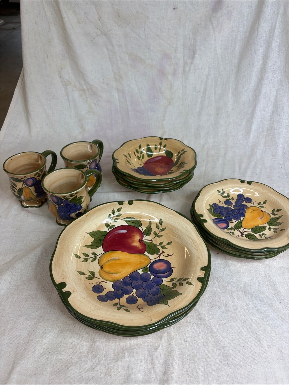 Hand-Painted Fruit Ceramic Dinnerware Set in Cream and Green